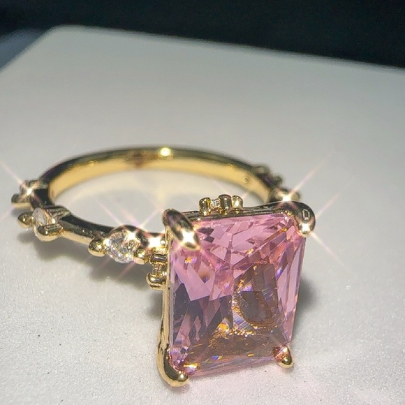Princess Cut Pink CZ Ring – Gold Plated Brass Micro Inlay, Sizes 7 New - Picture 8 of 9